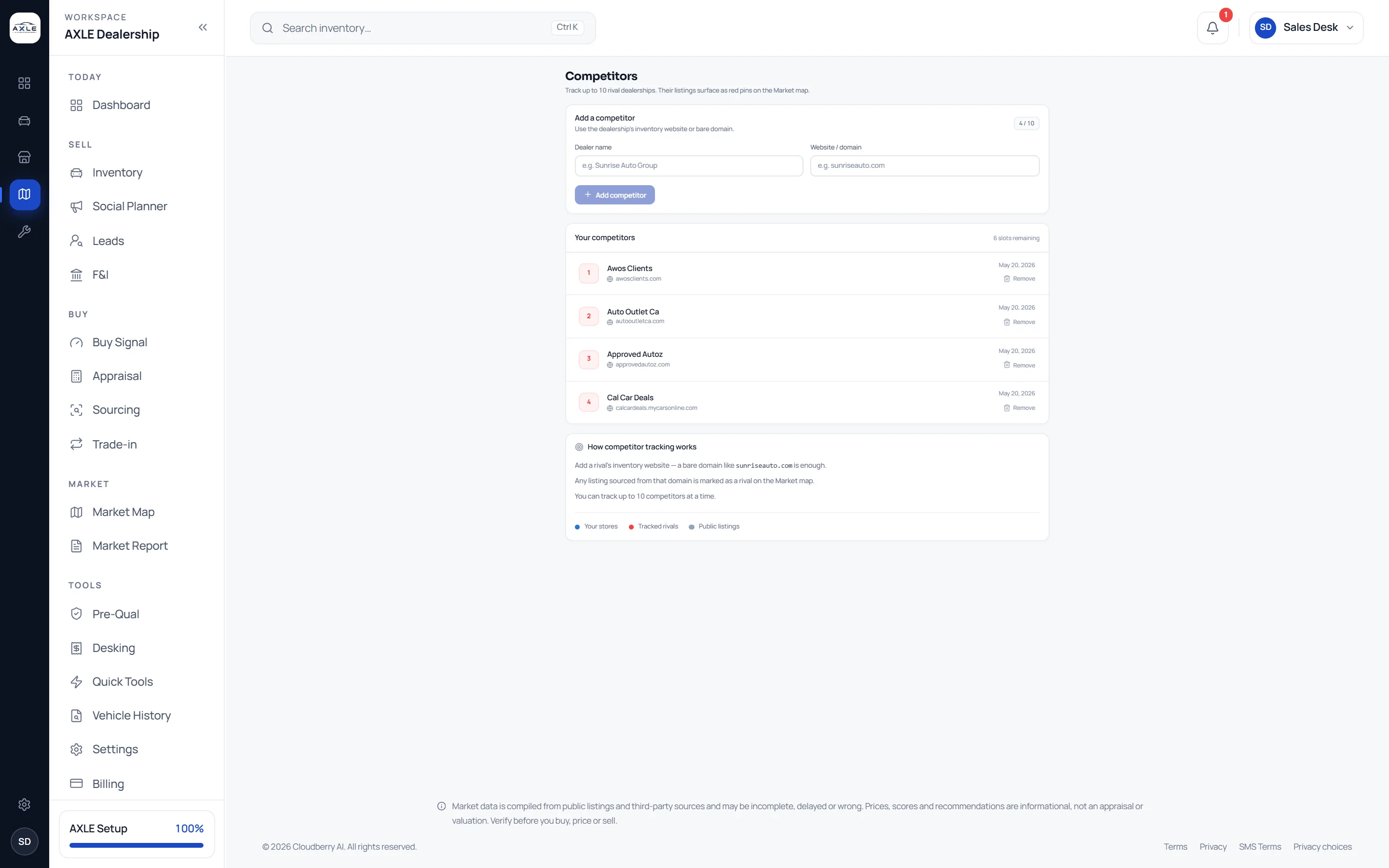 AXLE Competitors: adding a competitor by name and website, and the list of tracked competitors