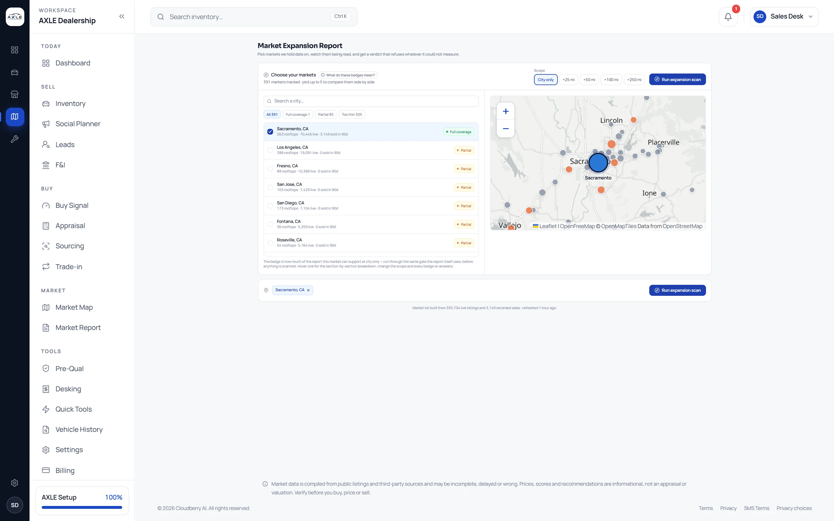 AXLE Market Expansion: choosing markets to compare, each with its coverage, on a map