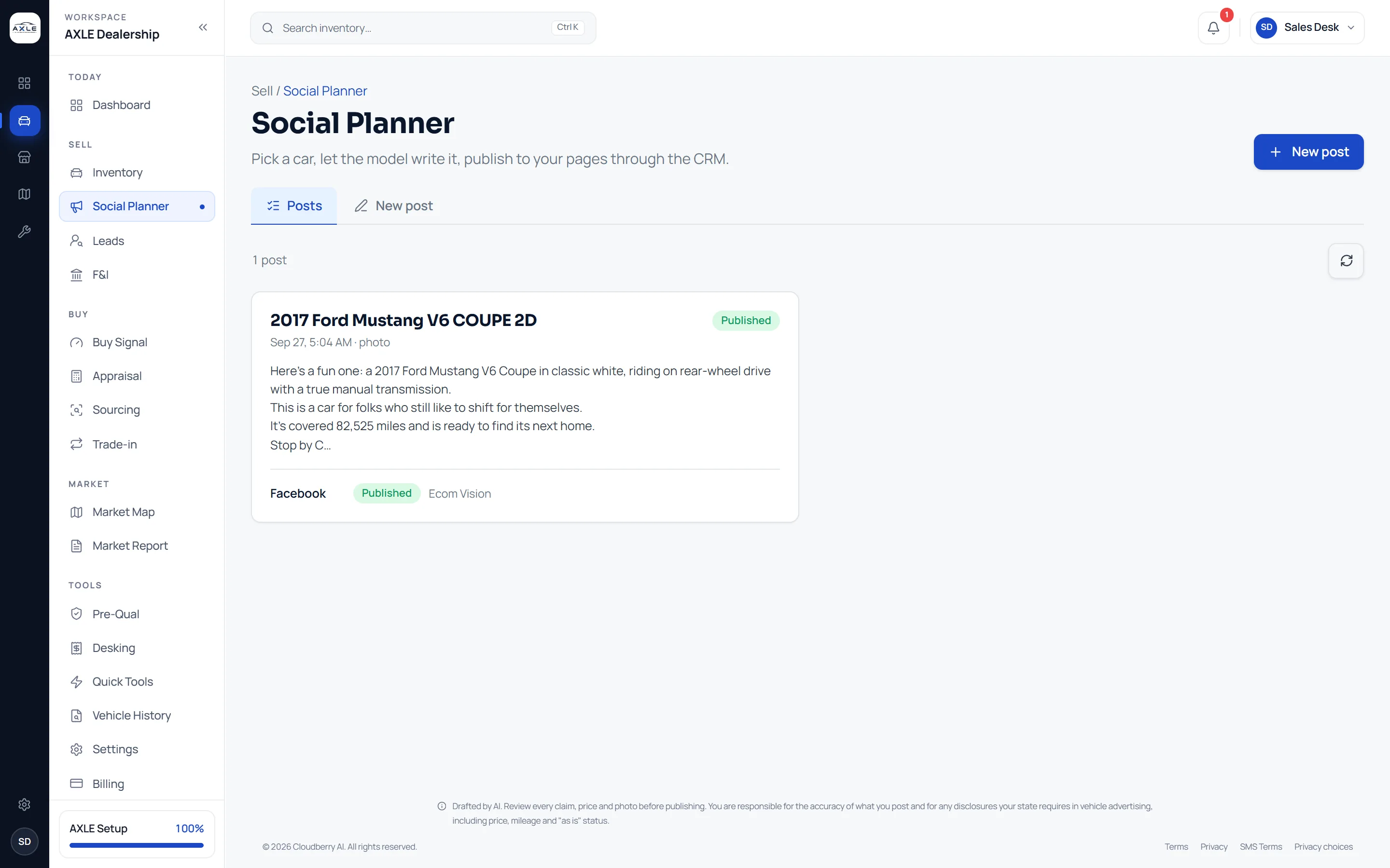AXLE Social Planner: a published post for a 2017 Ford Mustang with its caption and Facebook channel status