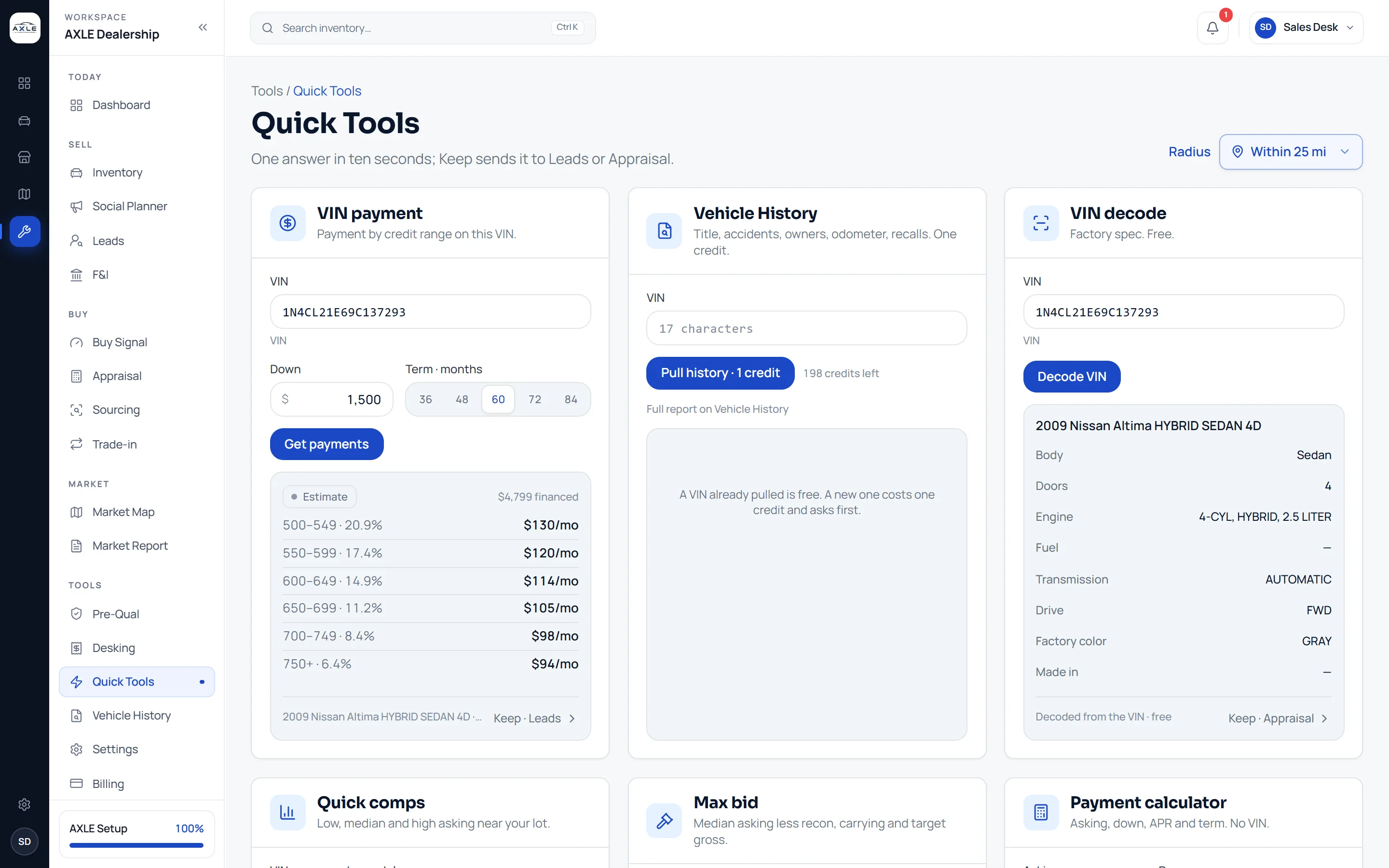 AXLE Quick Tools: VIN payment by credit range, vehicle history, VIN decode, quick comps, max bid and payment calculator