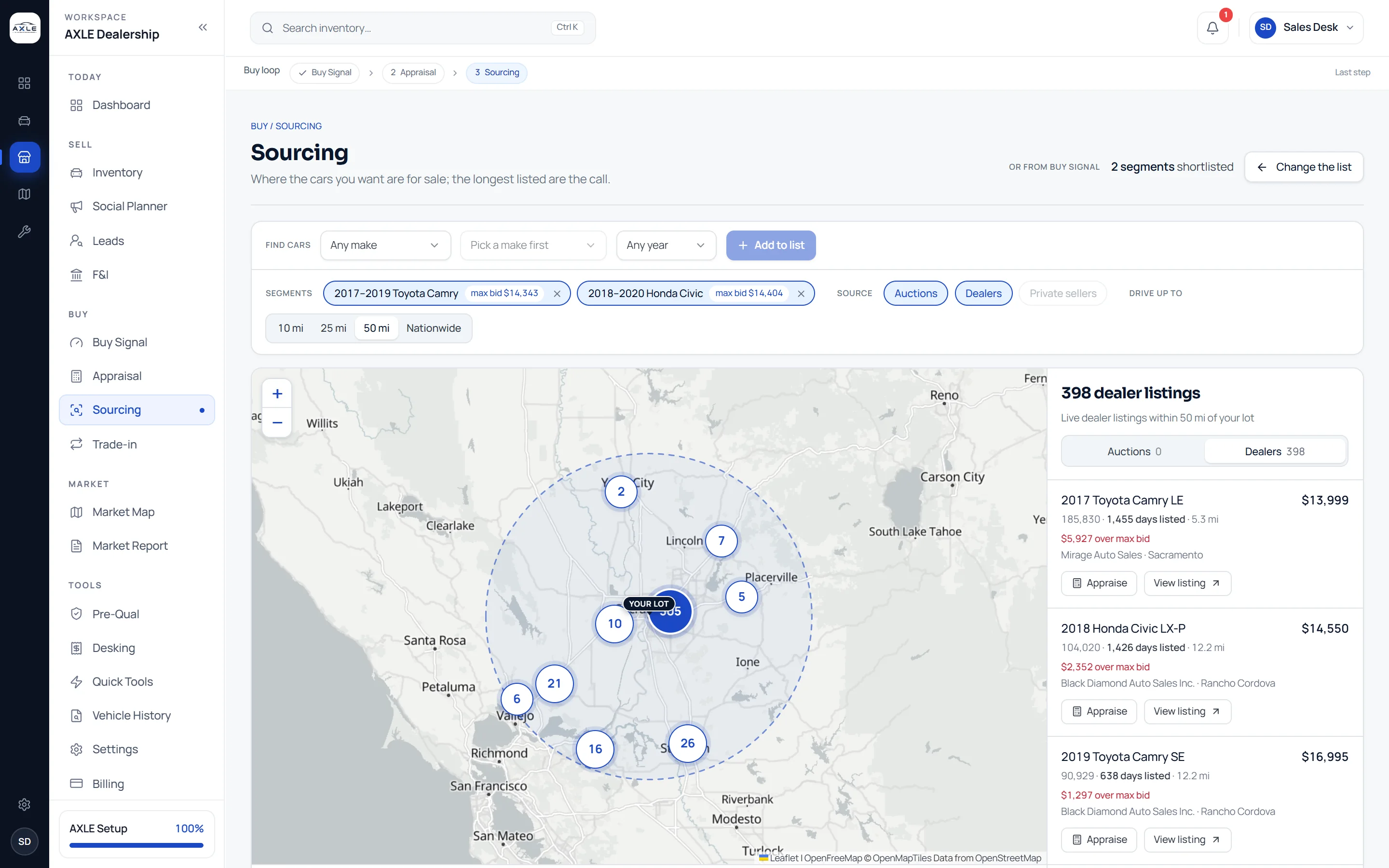 AXLE Sourcing: shortlisted segments, a drive-radius map and matching dealer listings with their gap to max bid